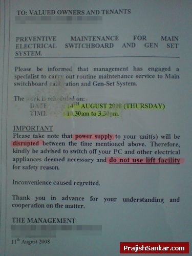 Power supply distruption notice