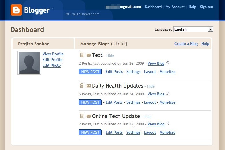 Blogger Dashboard to manage blogs